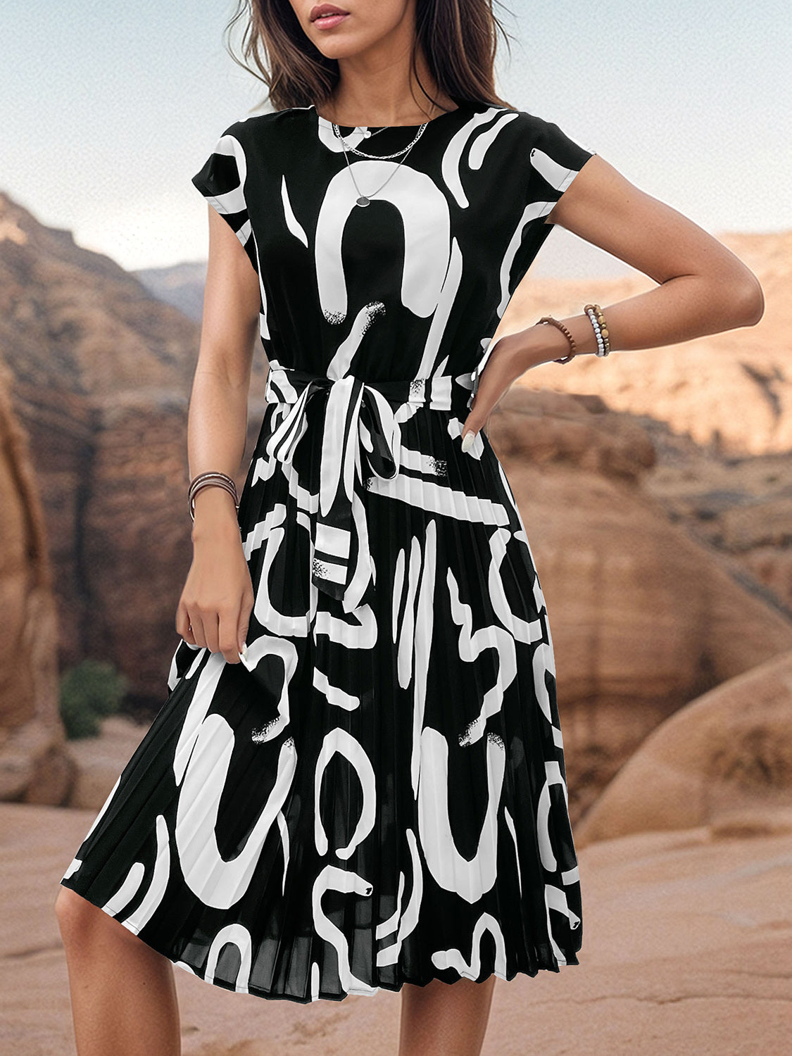 Blue Zone Planet | Printed Cap Sleeve Tie Waist Dress BLUE ZONE PLANET