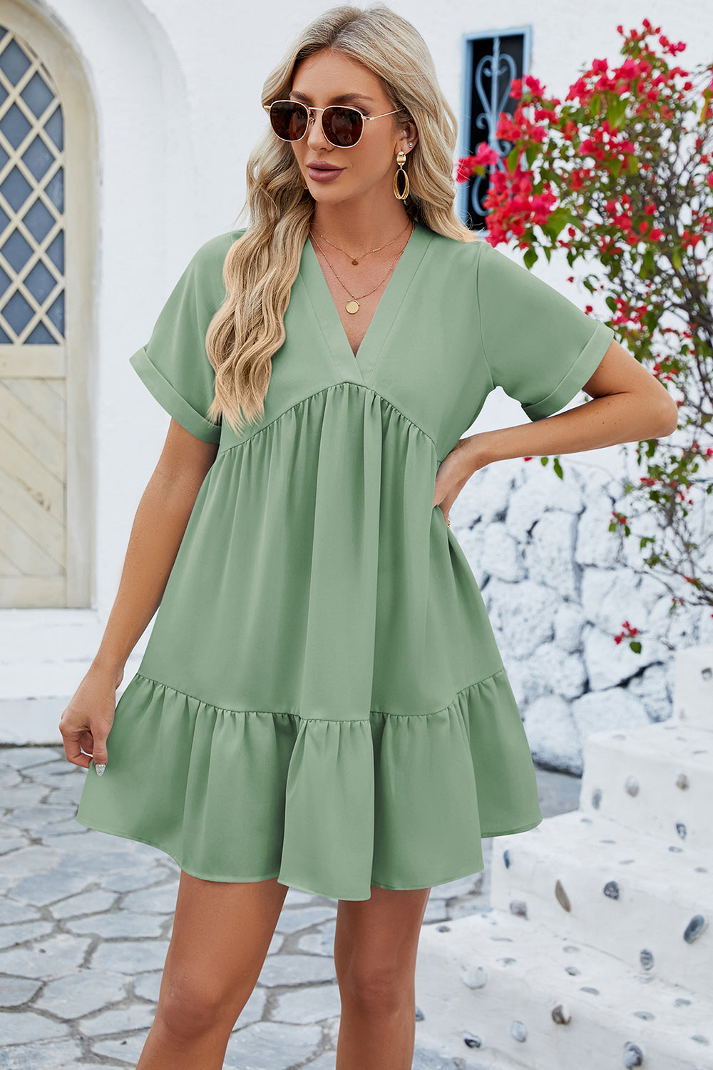 Blue Zone Planet | Ruched Tiered V-Neck Short Sleeve Mini Dress BLUE ZONE PLANET