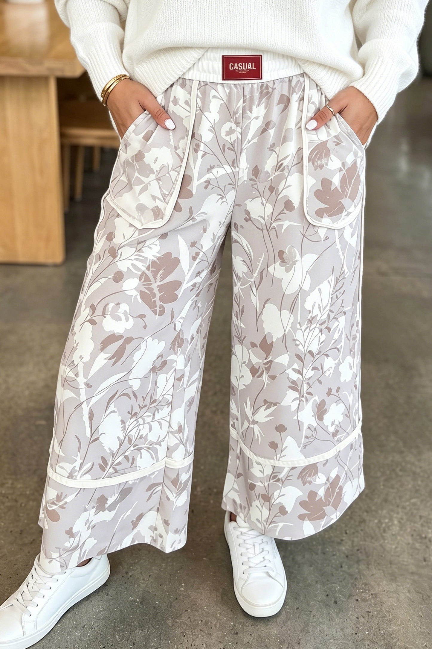 Gray Floral Camo Print Contrast Trim Plus Size Loose Pants
