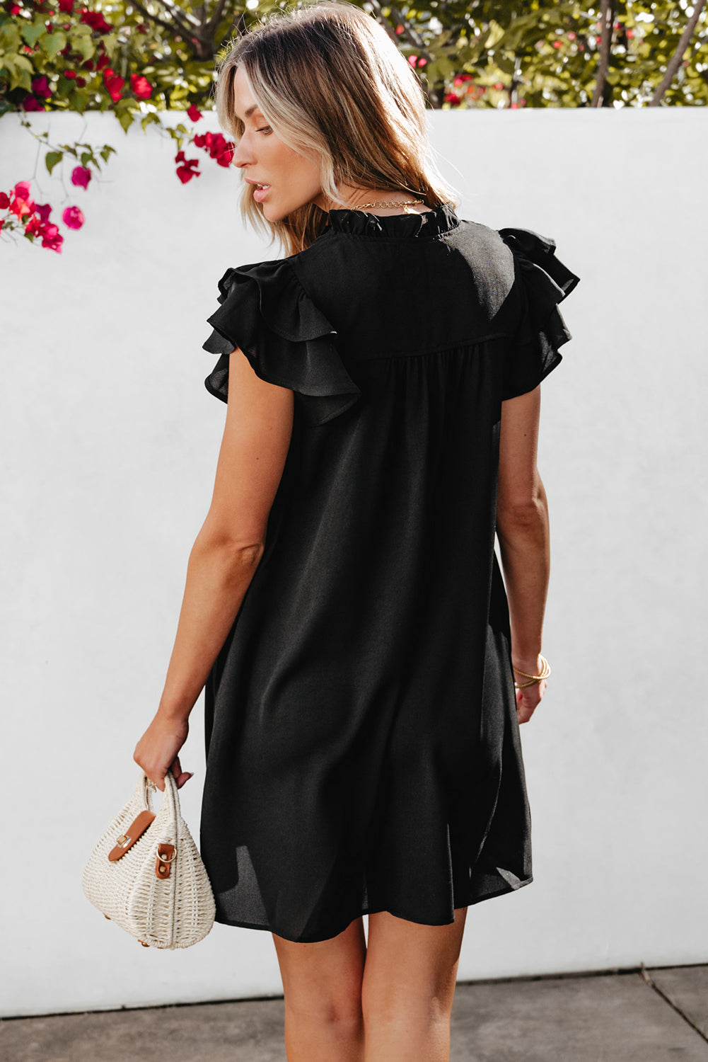Blue Zone Planet | Black Ruffle Sleeve V Neck Frilled Shift Dress Blue Zone Planet