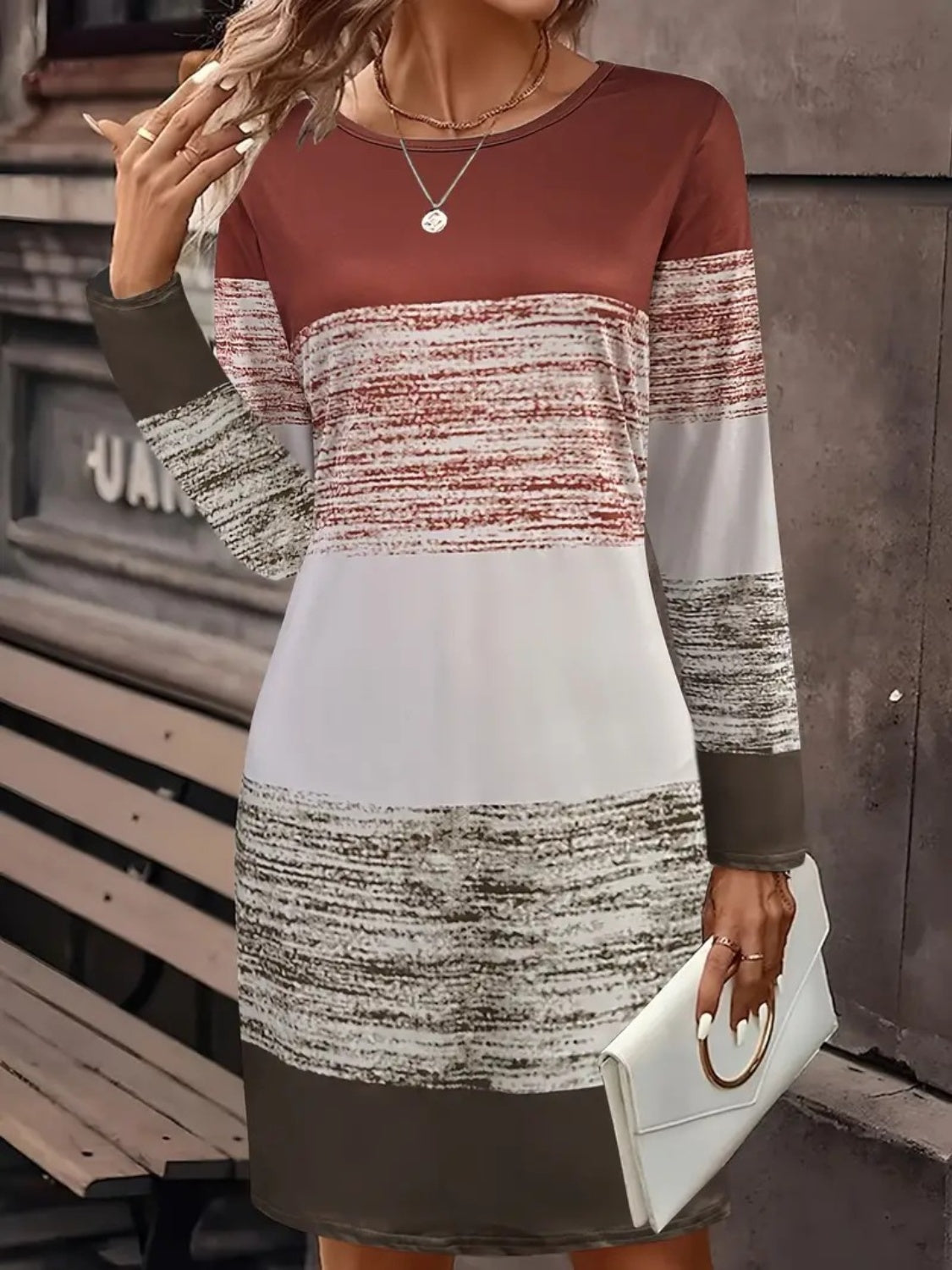 Blue Planet | Color Block Round Neck Long Sleeve Dress