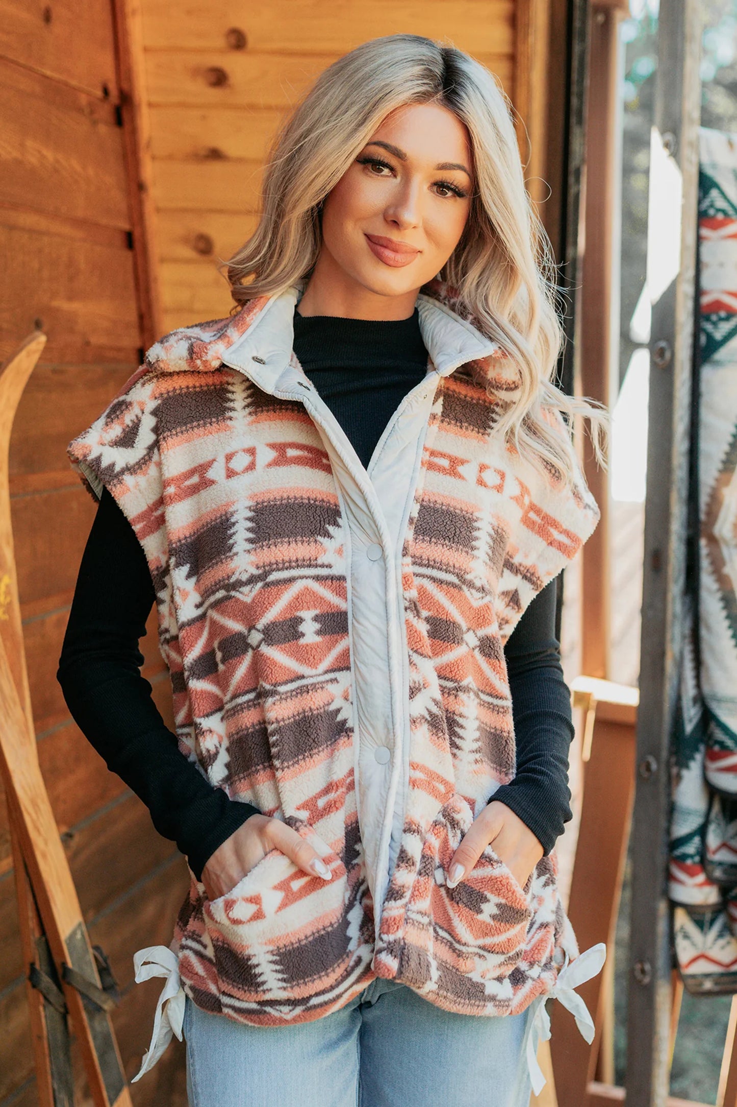 Multicolour Geometric Print Fleece Metal Button Placket Shift Silhouette Vest