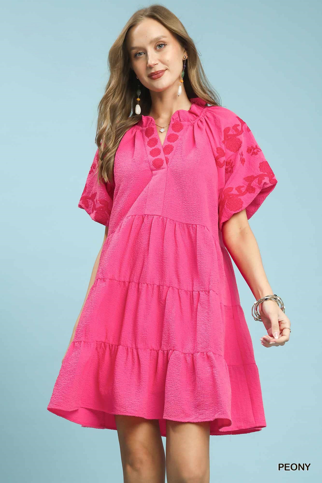 knee length dresses for ladies Eloise Twist Front Embroidered Tiered Mini Dress – The Squad Boutique main image 1