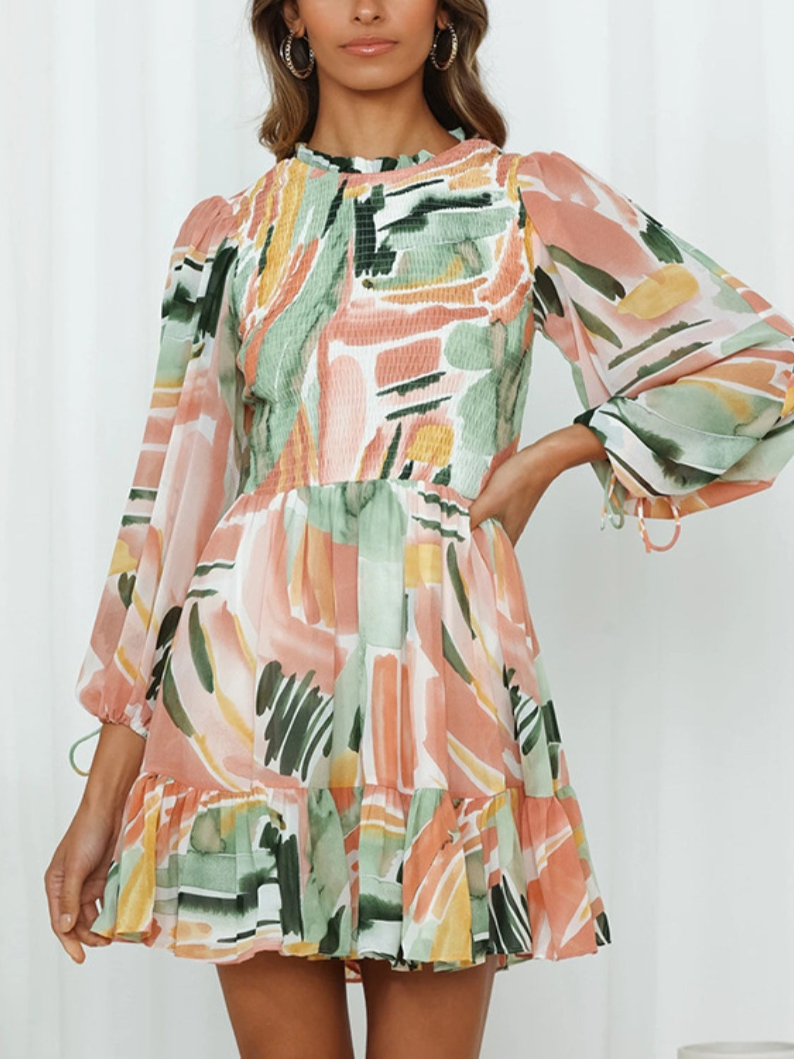 Blue Zone Planet | Printed Mock Neck Balloon Sleeve Mini Dress BLUE ZONE PLANET