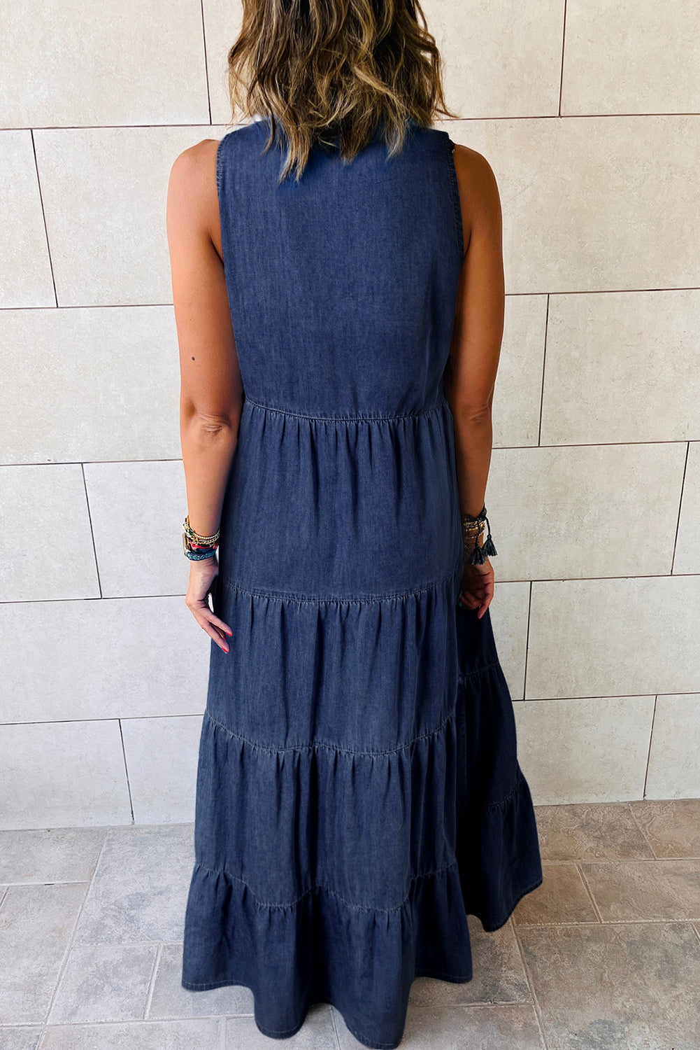 Blue Zone Planet | Real Teal Sleeveless Tiered Chambray Maxi Dress Blue Zone Planet