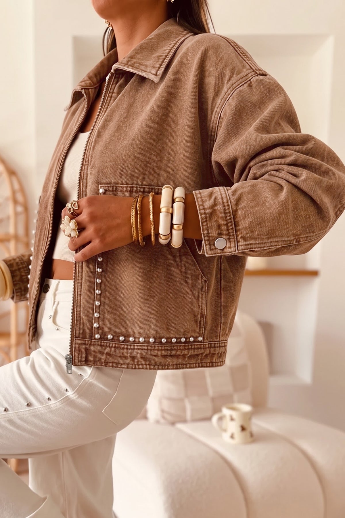 Coffee Studded Metal Zipper Rivet Pockets Long Sleeve Denim Jacket