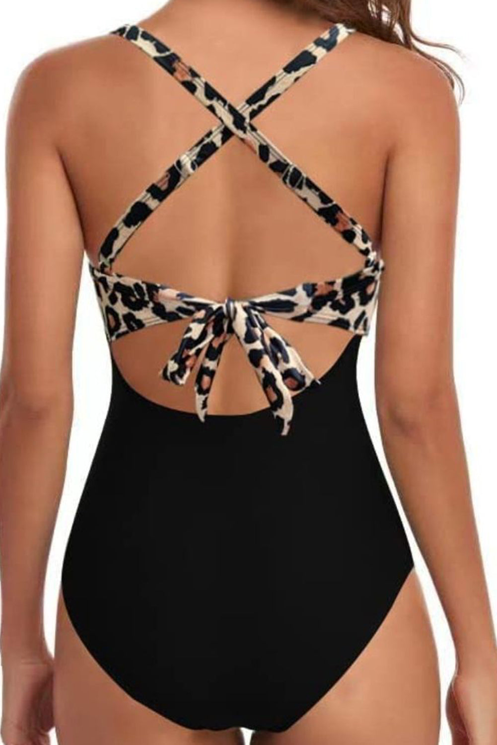 Blue Zone Planet | Black Leopard 2-tone Crossed Cutout Backless Monokini Blue Zone Planet