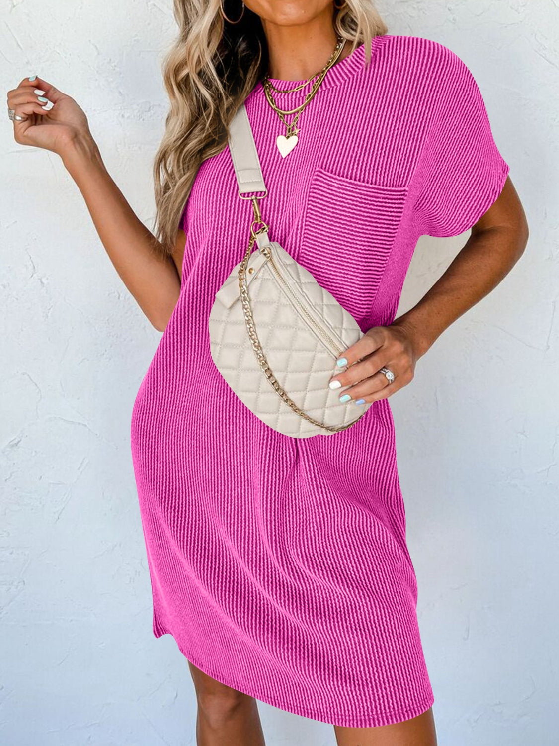 Round Neck Short Sleeve Mini Dress BLUE ZONE PLANET