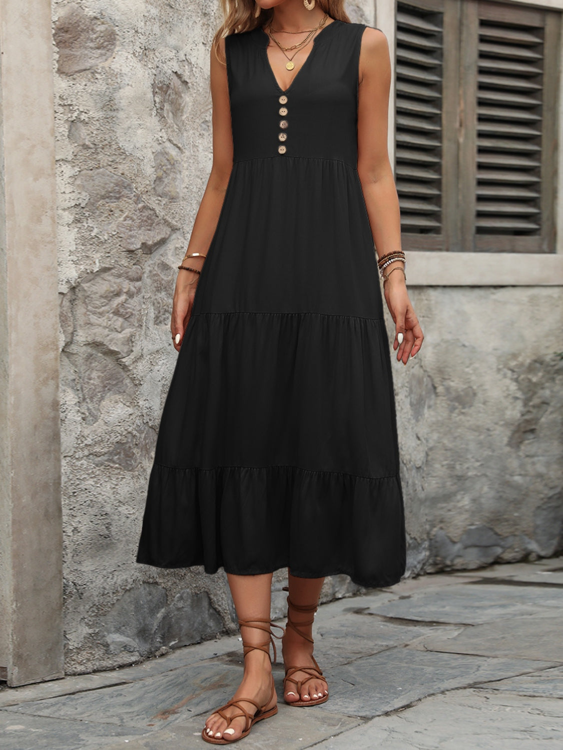 Blue Zone Planet | Decorative Button Notched Sleeveless Dress BLUE ZONE PLANET