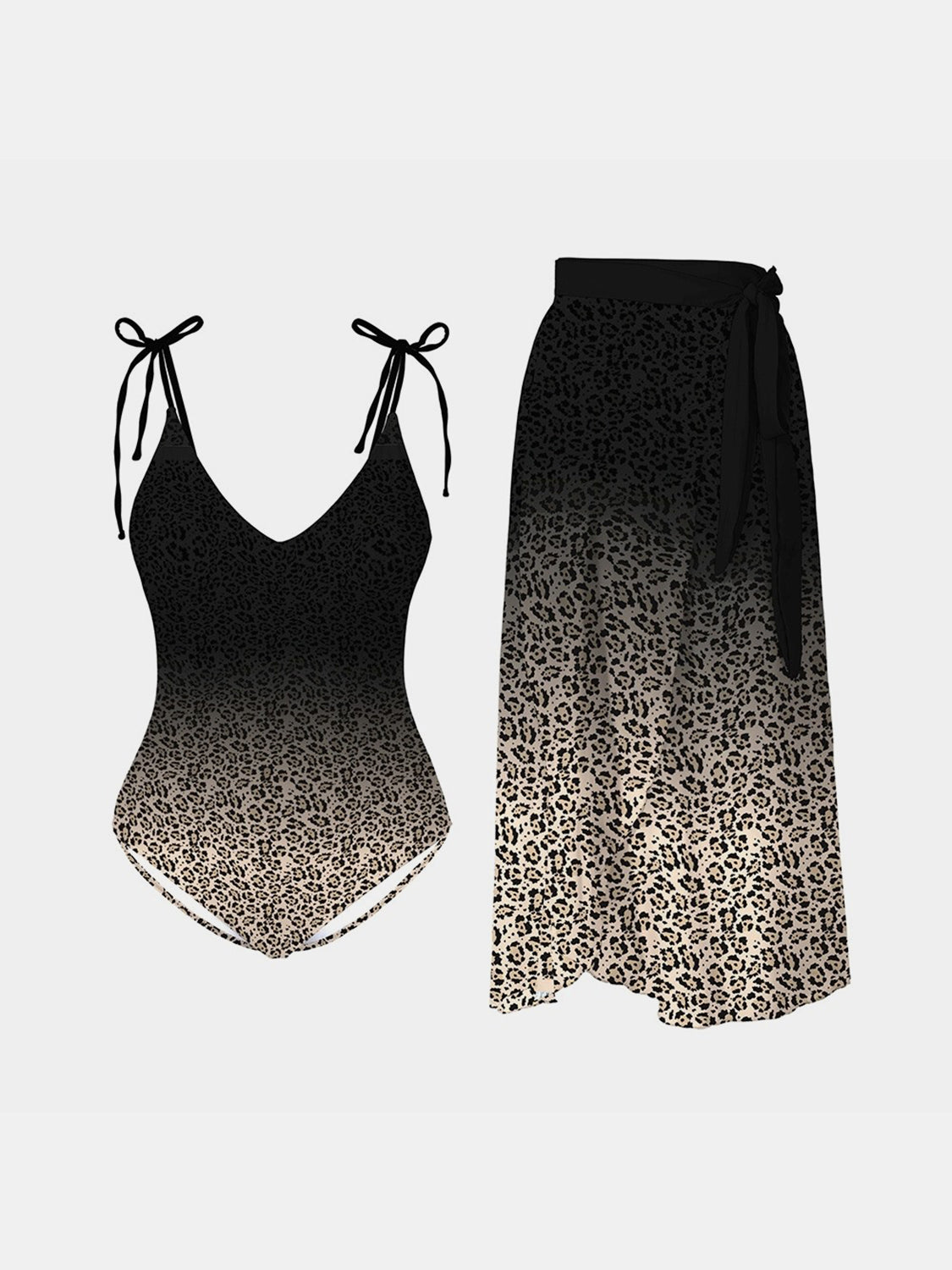 Blue Zone Planet | Leopard Tie Shoulder Swimwear and Skirt Swim Set BLUE ZONE PLANET