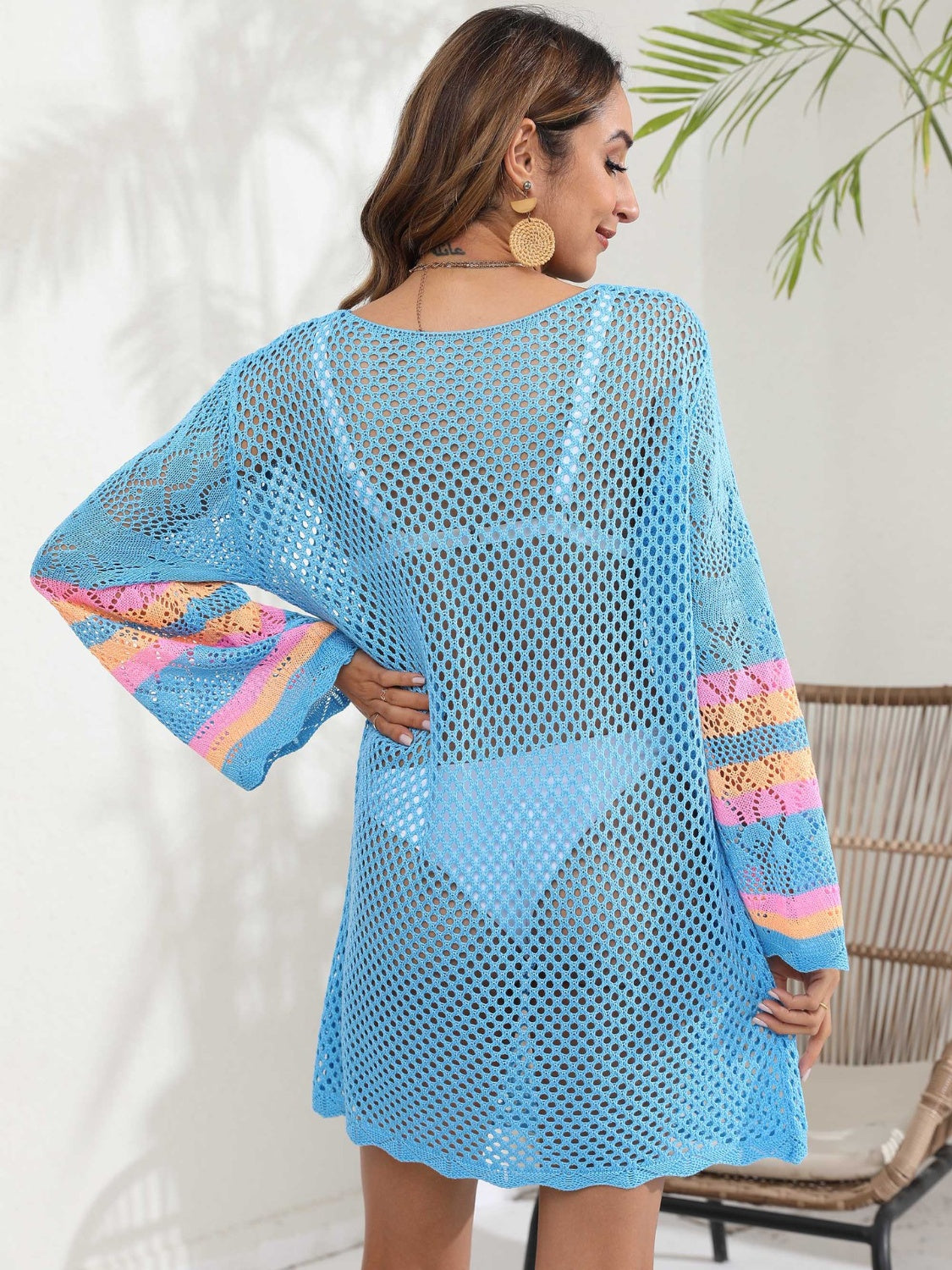 Blue Zone Planet |  Openwork Contrast Long Sleeve Cover-Up BLUE ZONE PLANET