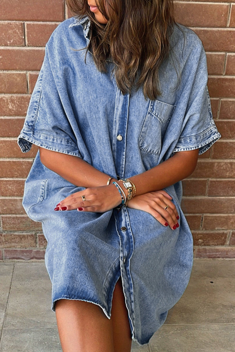 Light Blue Loose Medium Wash Short Sleeve Shirt Chambray Dress Blue Zone Planet