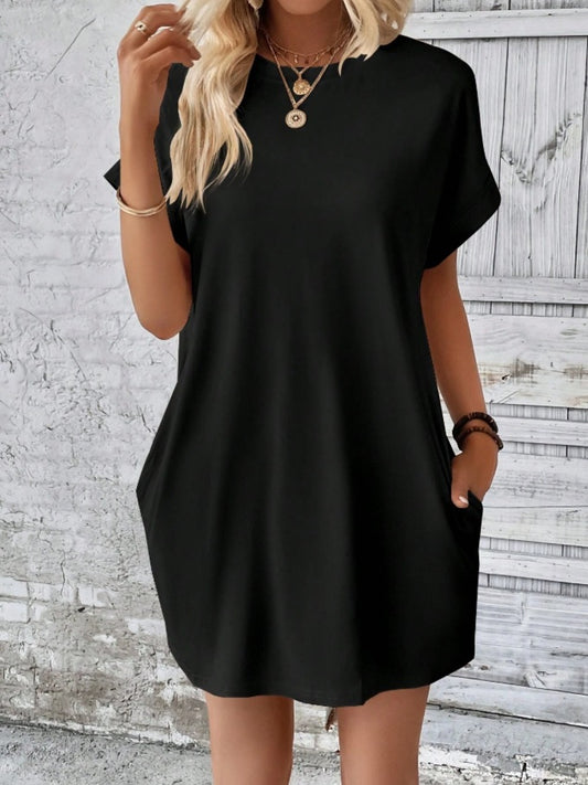 Pocketed Round Neck Short Sleeve Dress BLUE ZONE PLANET