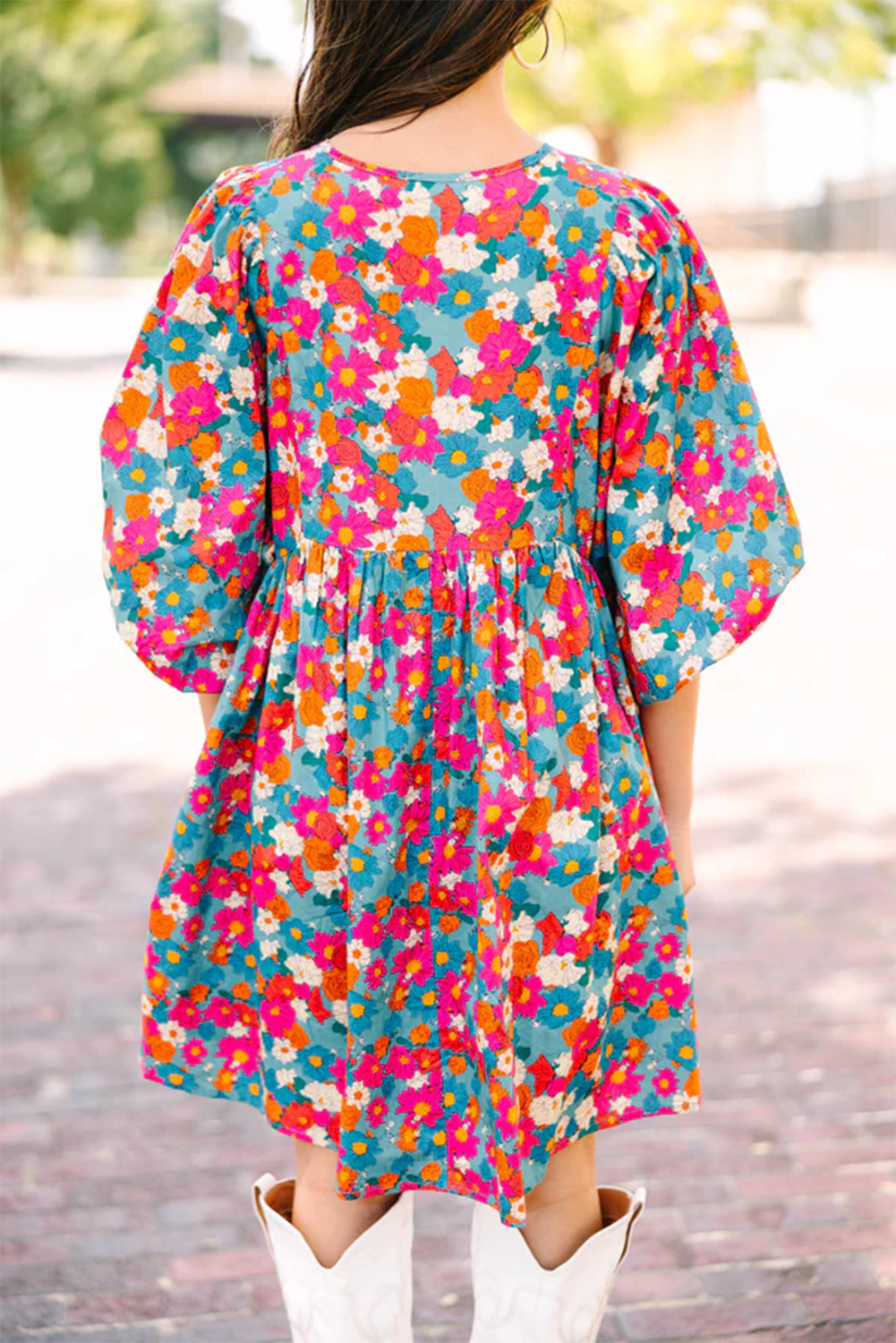 Blue Zone Planet | Sky Blue Floral Print Tie Split Neck Bubble Sleeve Babydoll Dress Blue Zone Planet