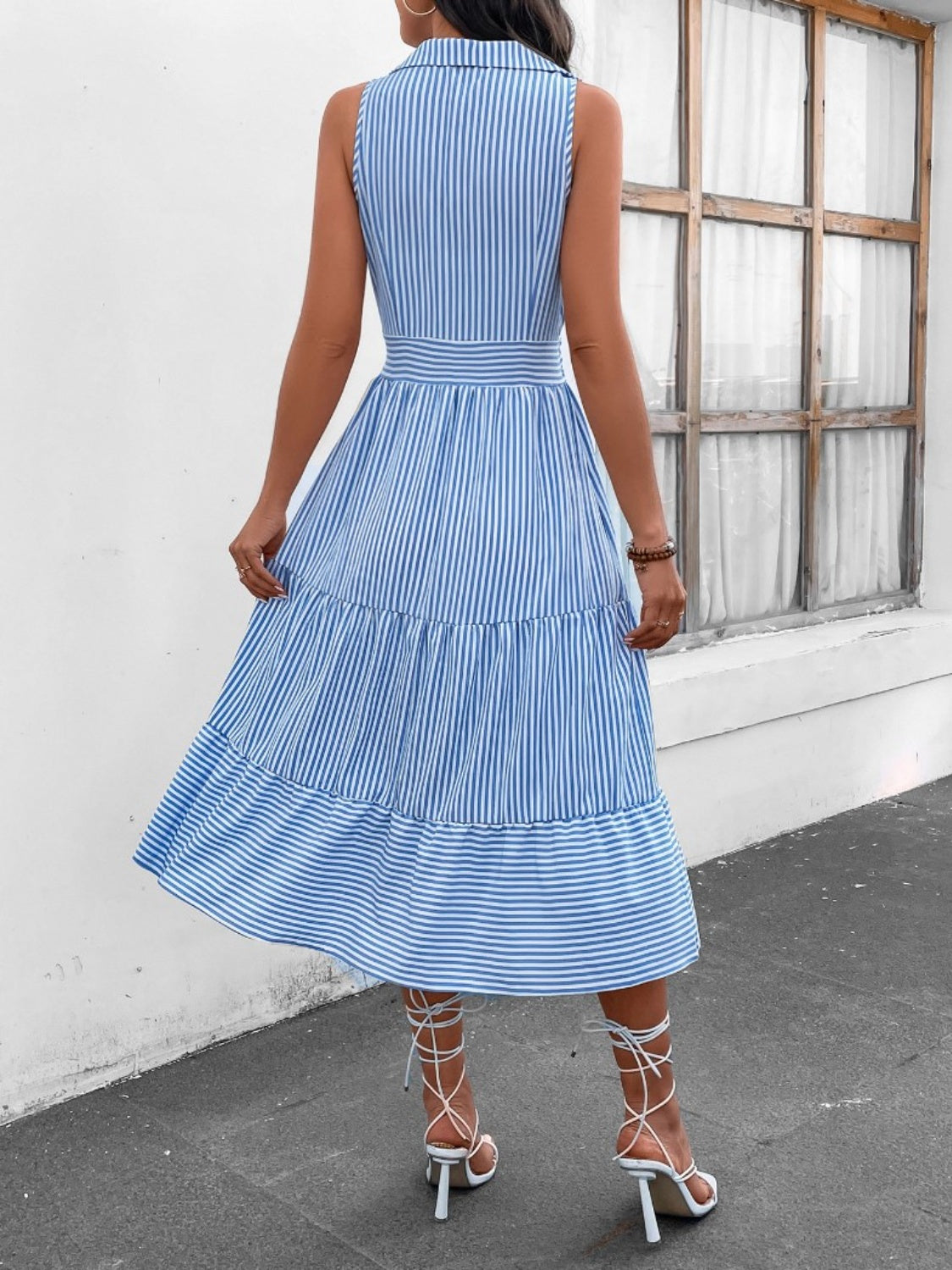 Striped Johnny Collar Sleeveless Midi Dress BLUE ZONE PLANET
