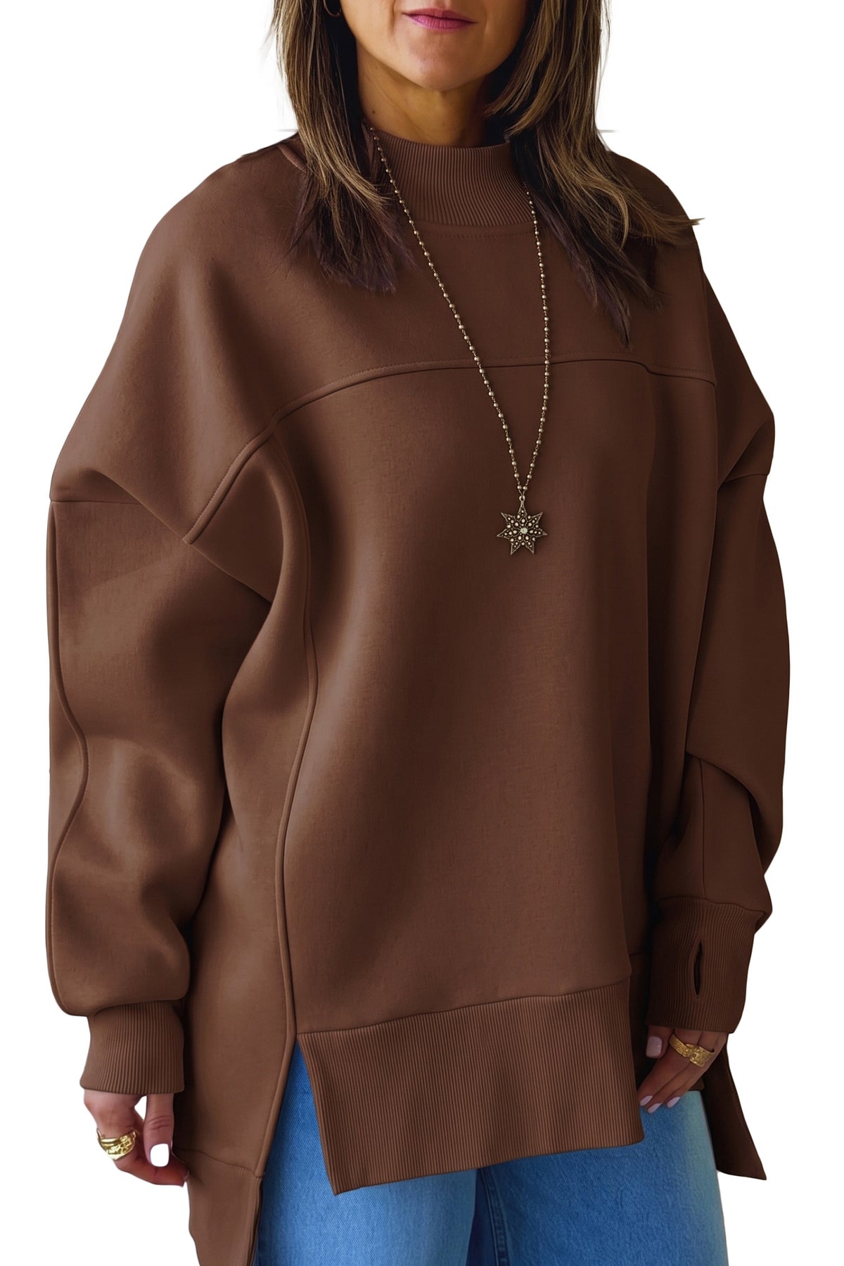Coffee Solid Color Oversized Mock Neck Split Hem Tunic Sweatshirt
