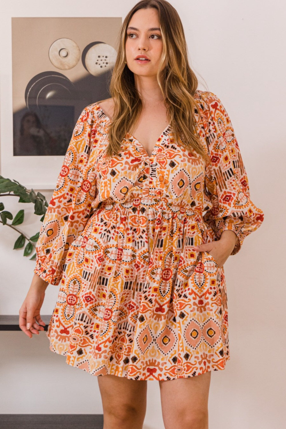 Blue Zone Planet | ODDI Full Size Printed Ruff Sleeve Romper with Pockets BLUE ZONE PLANET