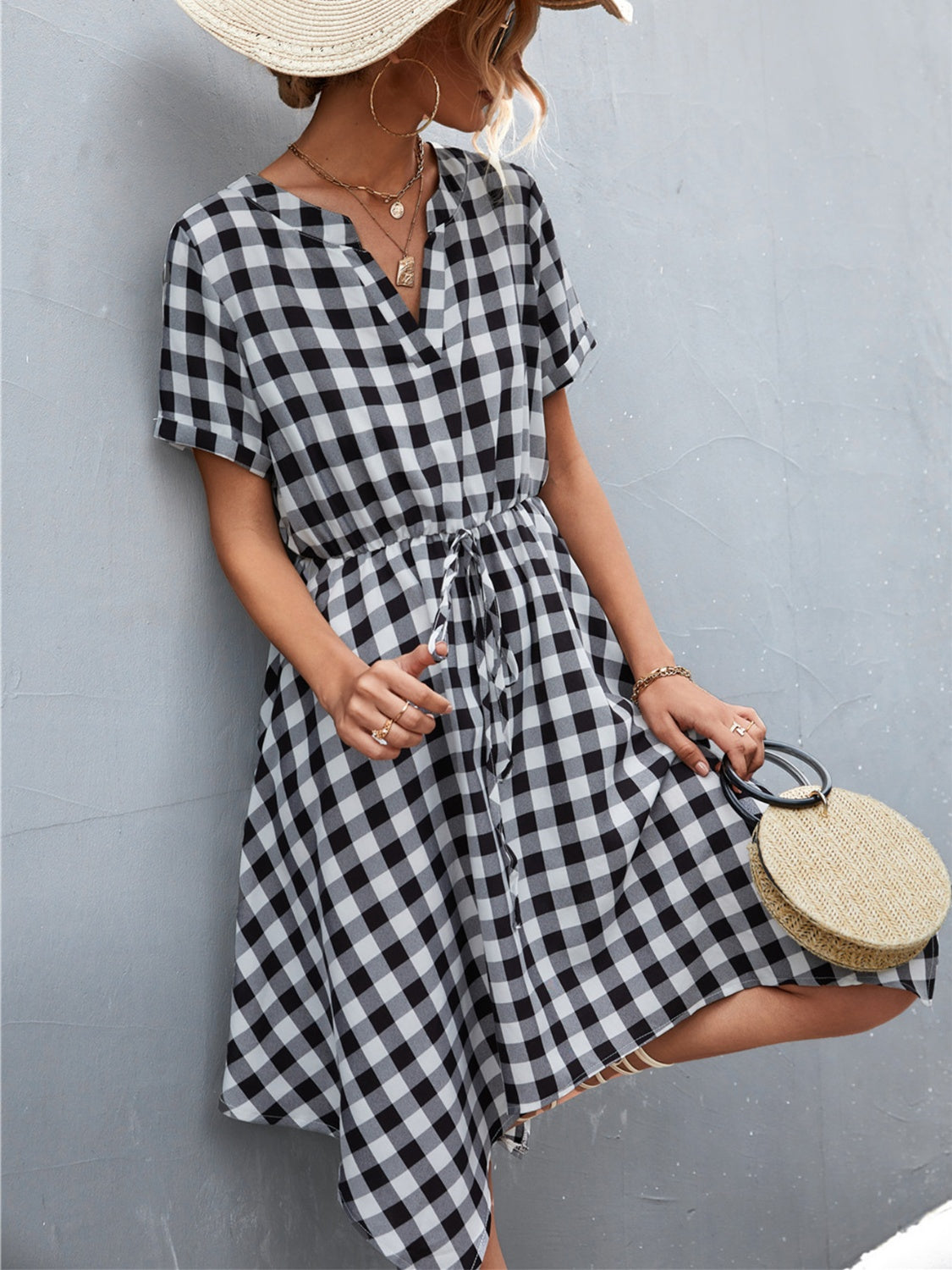 Blue Zone Planet | Plaid Notched Short Sleeve Dress BLUE ZONE PLANET