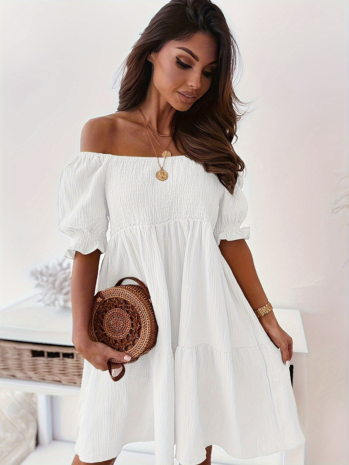 Blue Zone Planet | Full Size Ruffled Off-Shoulder Short Sleeve Dress BLUE ZONE PLANET