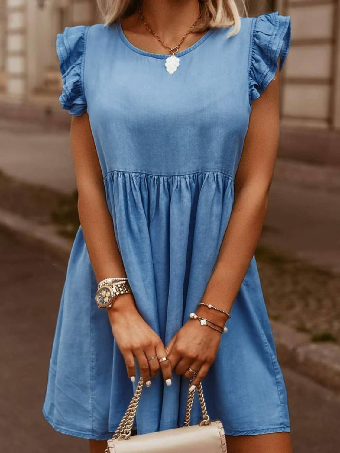 Blue Zone Planet | Clara's Full Size Ruffled Round Neck Cap Sleeve Denim Mini Dress BLUE ZONE PLANET