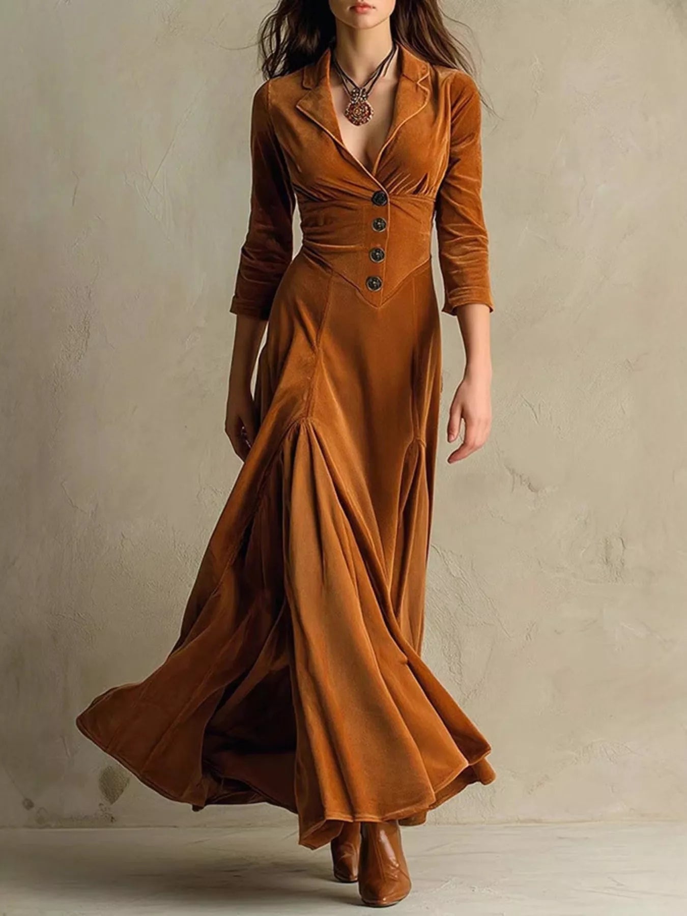 Velvet Button Front 3/4 Sleeve Maxi Dress Velvet Button Front 3/4 Sleeve Maxi Dress