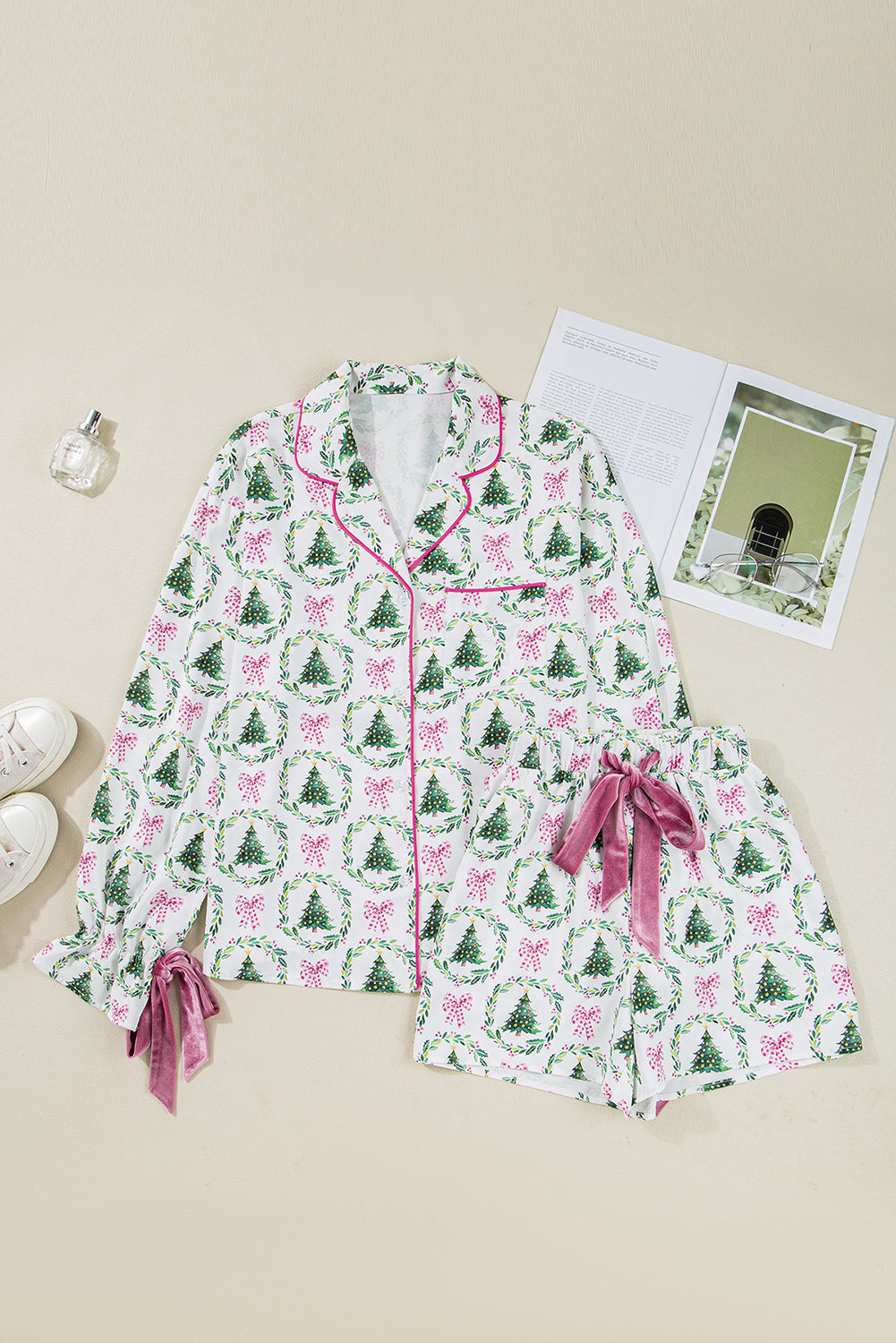 Green Christmas Fashion Print Velvet Trim Bow Knot Pajama 2pcs Short Set