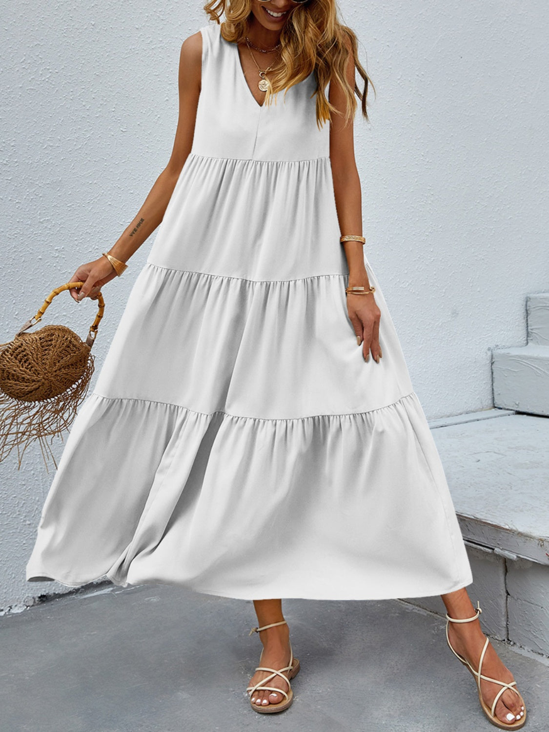 Tiered V-Neck Sleeve Dress BLUE ZONE PLANET
