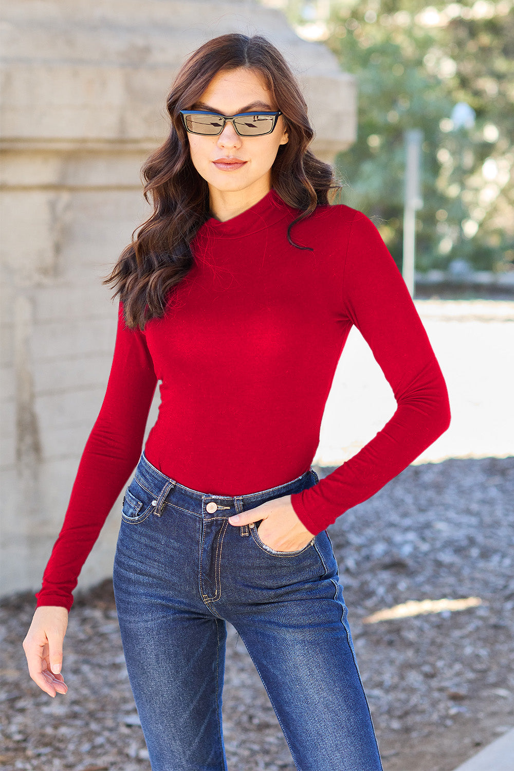 Blue Zone Planet | Basic Bae Full Size Mock Neck Long Sleeve Bodysuit BLUE ZONE PLANET