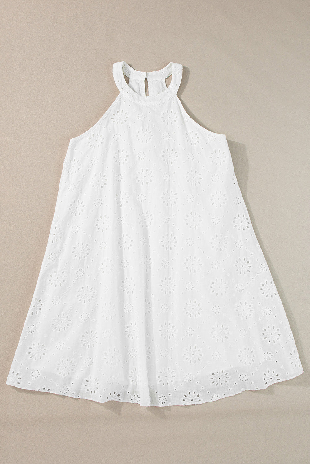 Blue Zone Planet | White Boho Eyelet Pattern Halter Neck Sleeveless Dress Blue Zone Planet