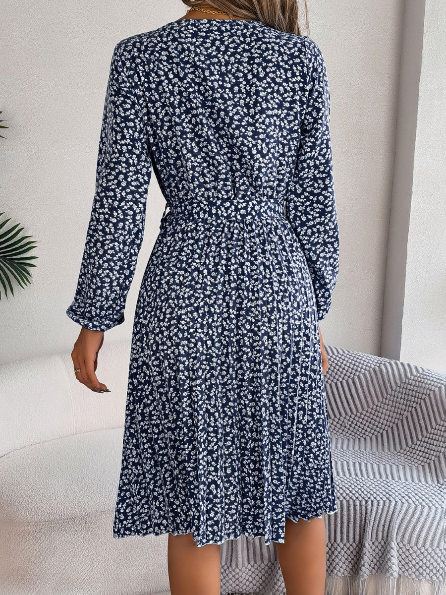 Ditsy Floral Tie Waist Pleated Dress BLUE ZONE PLANET