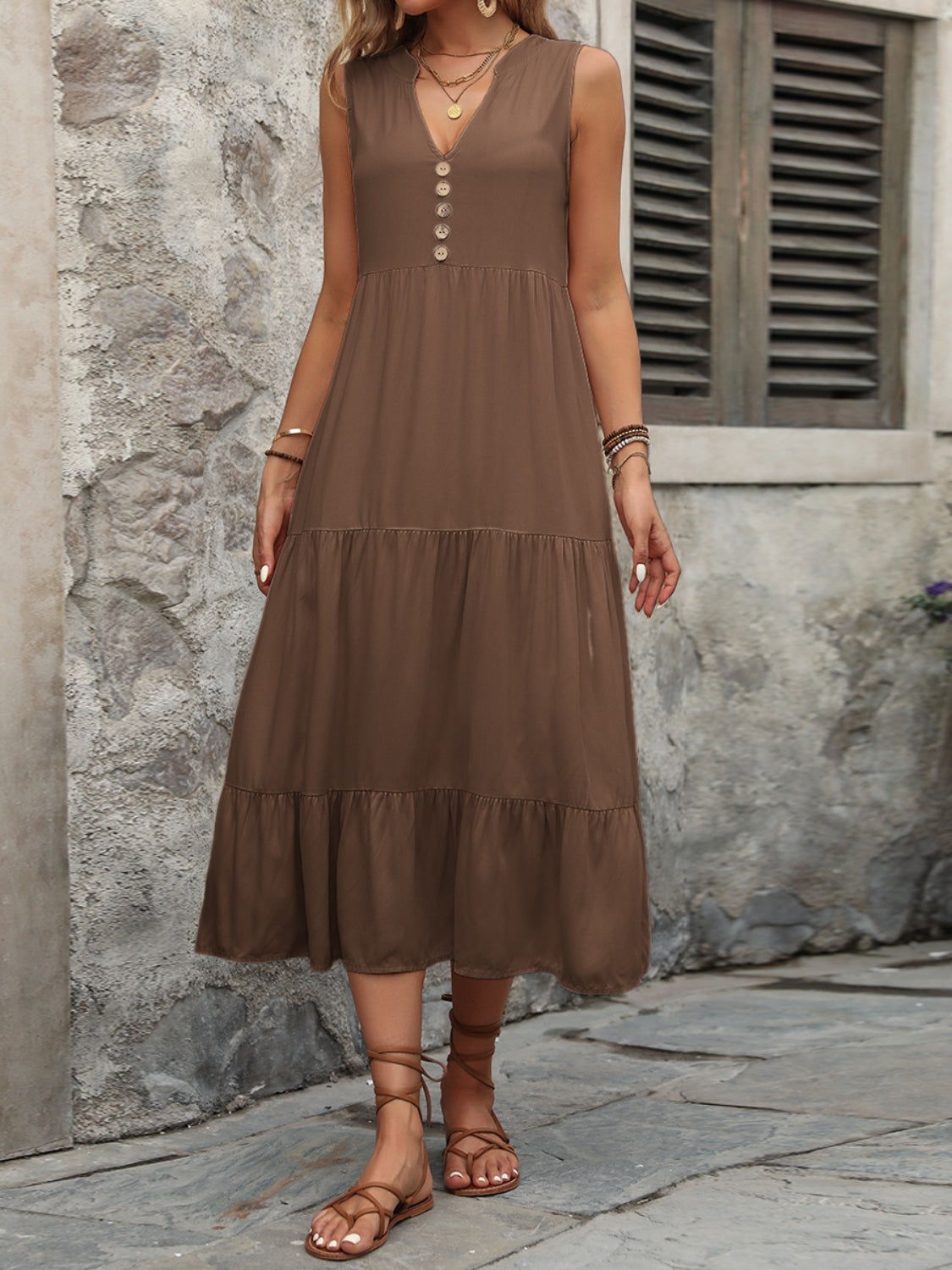 Blue Zone Planet | Decorative Button Notched Sleeveless Dress BLUE ZONE PLANET