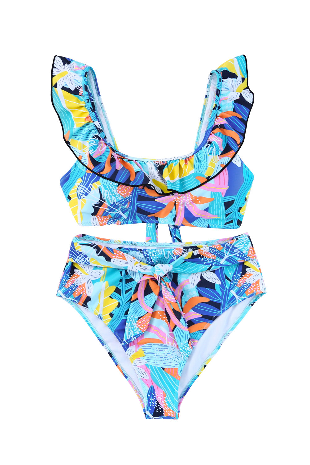 Green Tropical Print Ruffled Square Neck Tie High Waist Swimsuit Blue Zone Planet