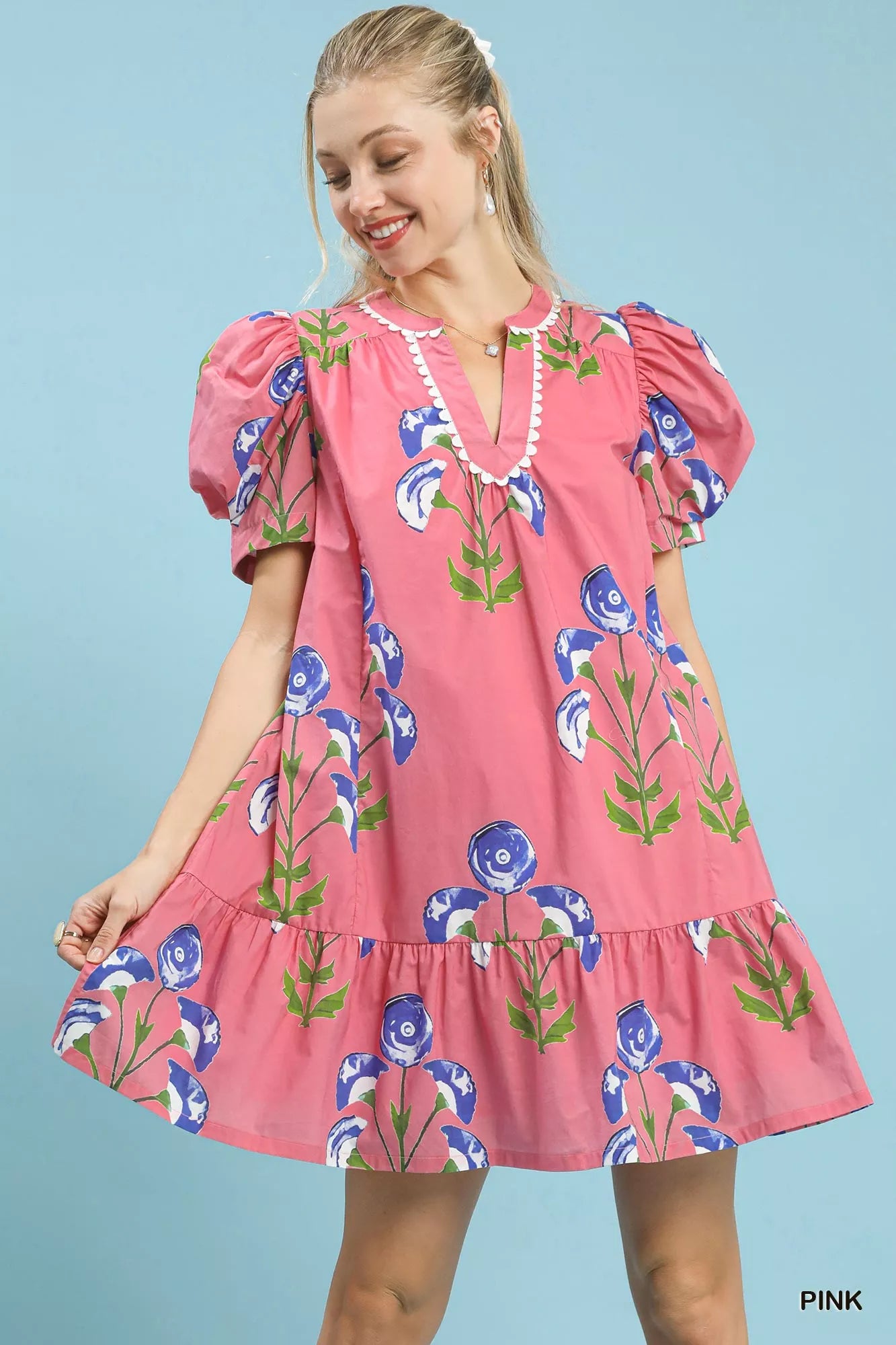 Umgee Floral Print Puff Sleeve Mini Dress with Scallop Trim Blue Zone Planet Umgee Floral Print Puff Sleeve Mini Dress with Scallop Trim Blue Zone Planet
