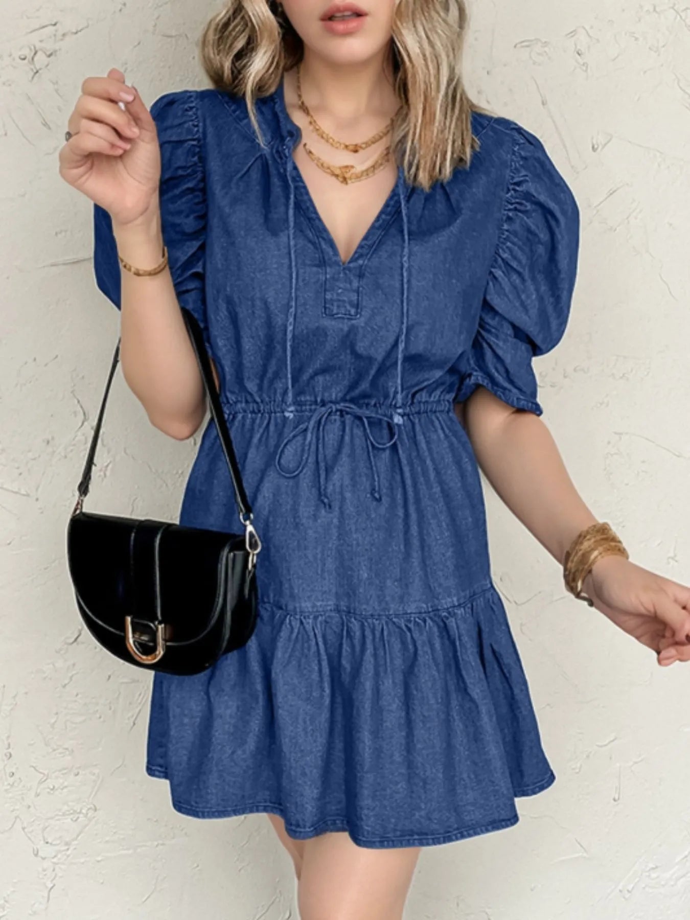 Drawstring High Waist Puff Sleeve Denim Mini Dress Blue Zone Planet Drawstring High Waist Puff Sleeve Denim Mini Dress Blue Zone Planet