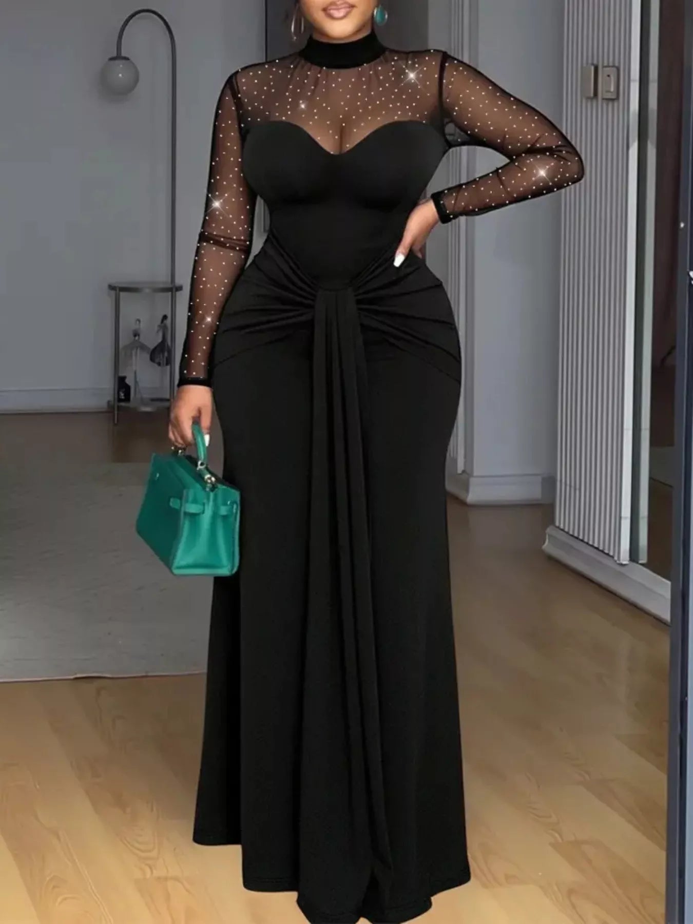 mesh mock neck maxi dress Black Mesh Mock Neck Ruched Maxi Dress | Womens | X-Large (Available in XS, S, M, L) | 100% Polyester