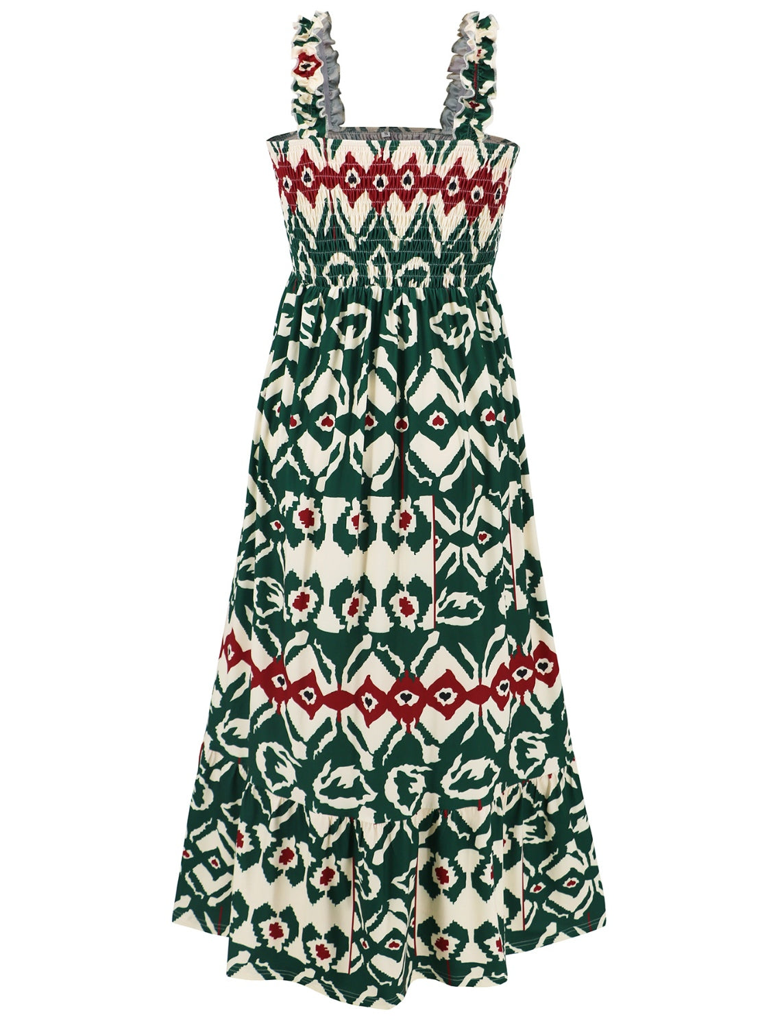 Smocked Printed Square Neck Sleeveless Dress BLUE ZONE PLANET