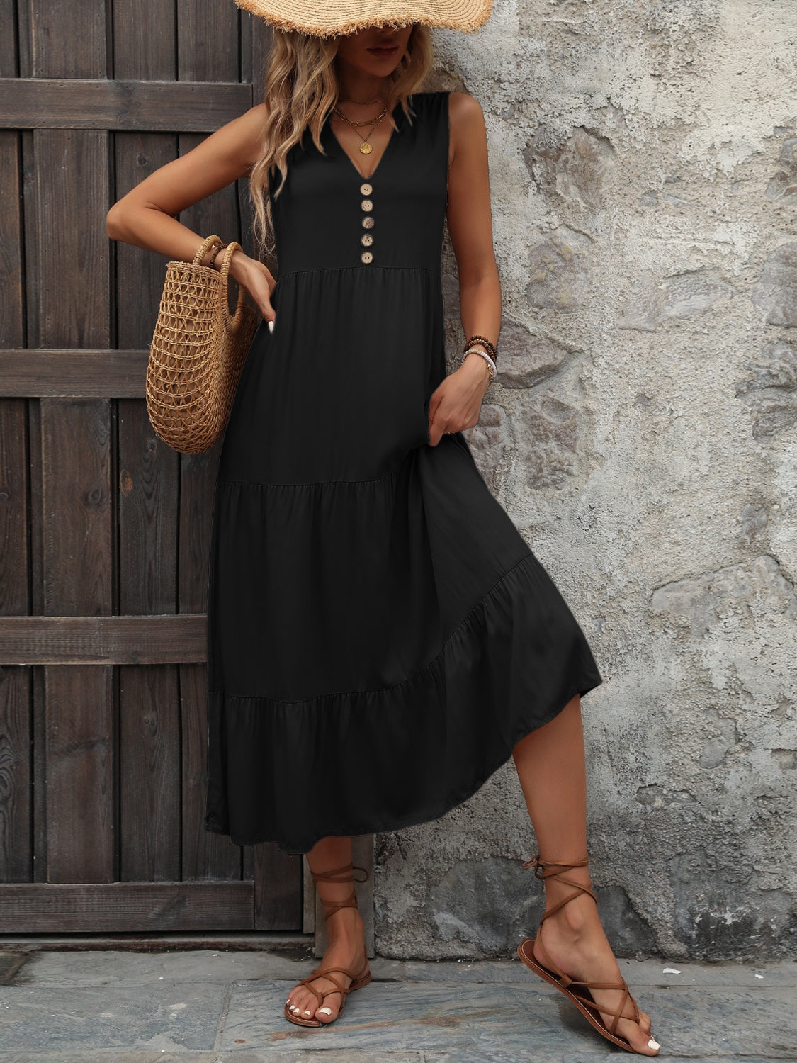 Blue Zone Planet | Decorative Button Notched Sleeveless Dress BLUE ZONE PLANET