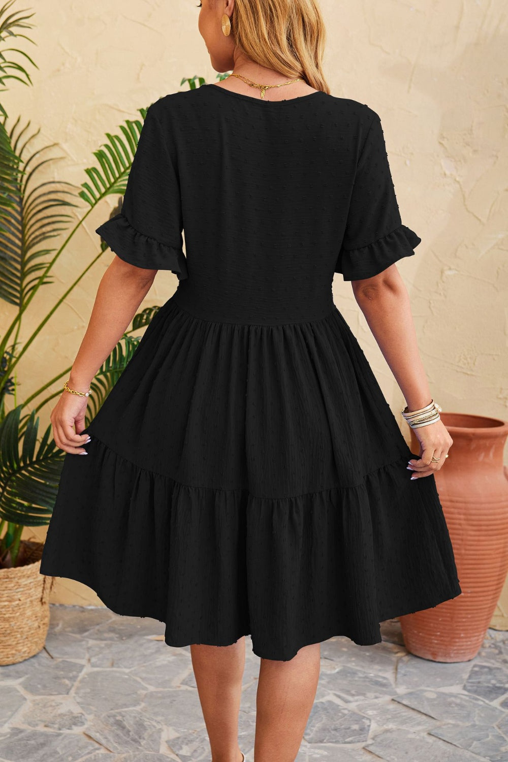 Blue Zone Planet | Swiss Dot Ruffled V-Neck Tiered Dress BLUE ZONE PLANET