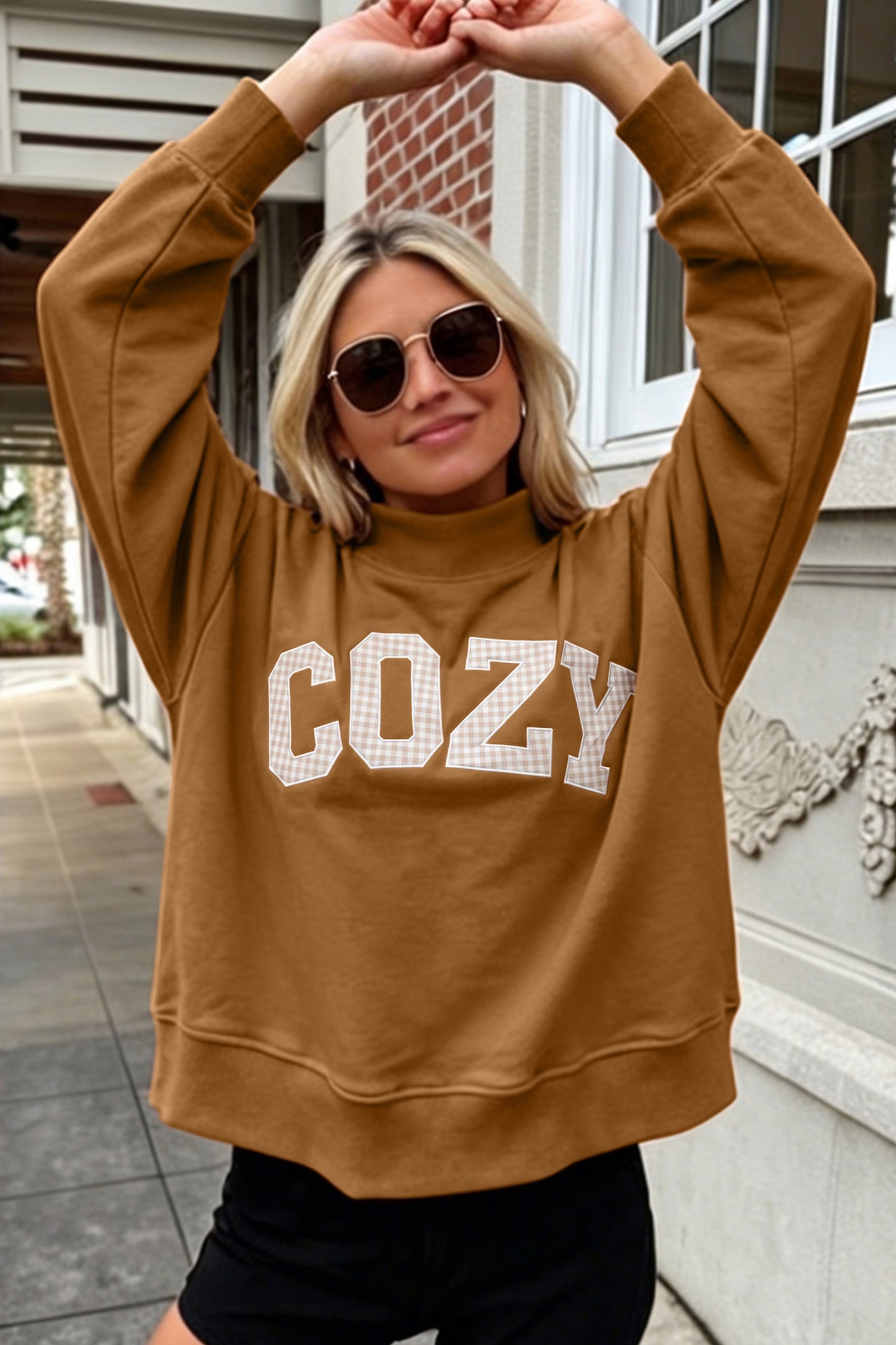 Pink Stay Salty Embroidered Long Sleeve Stand Neck Shift Pullover Sweatshirt