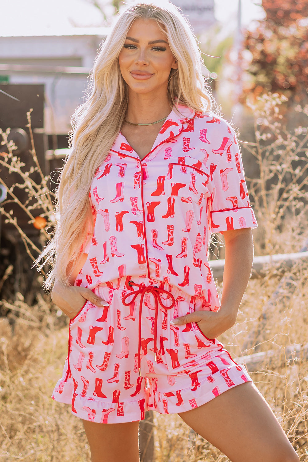 Pink Western Cowgirl Boots Printed Shirt Ruffled Shorts Pajama Set