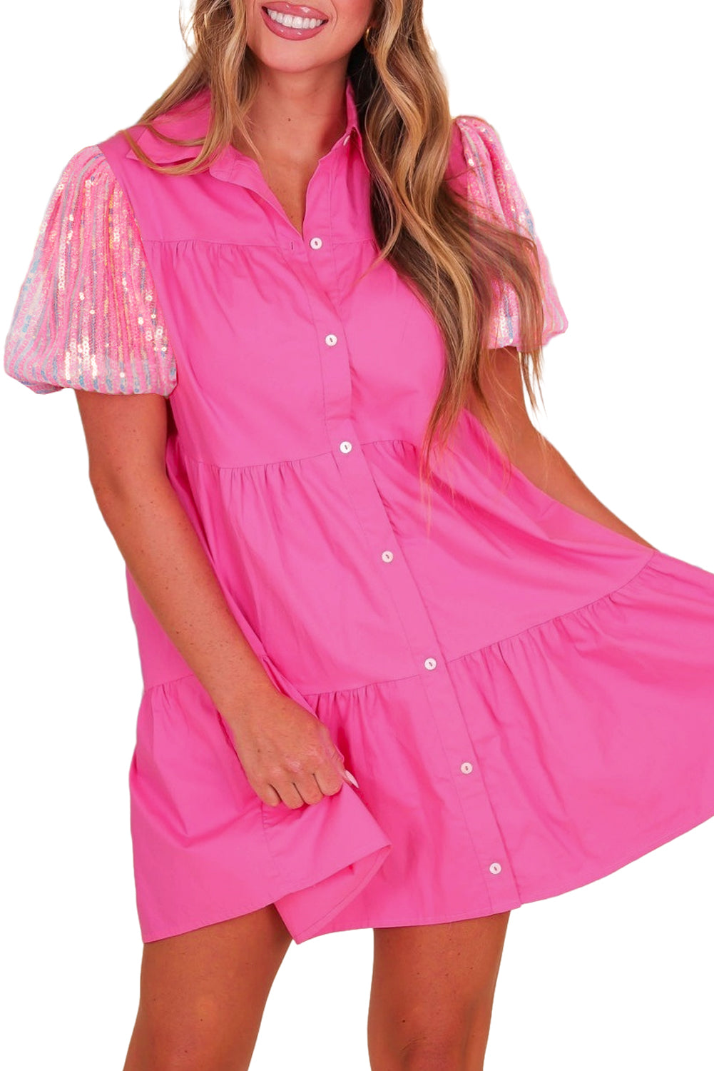 Blue Zone Planet | Bonbon Sequined Bubble Sleeve Tiered Ruffled Shirt Dress Blue Zone Planet