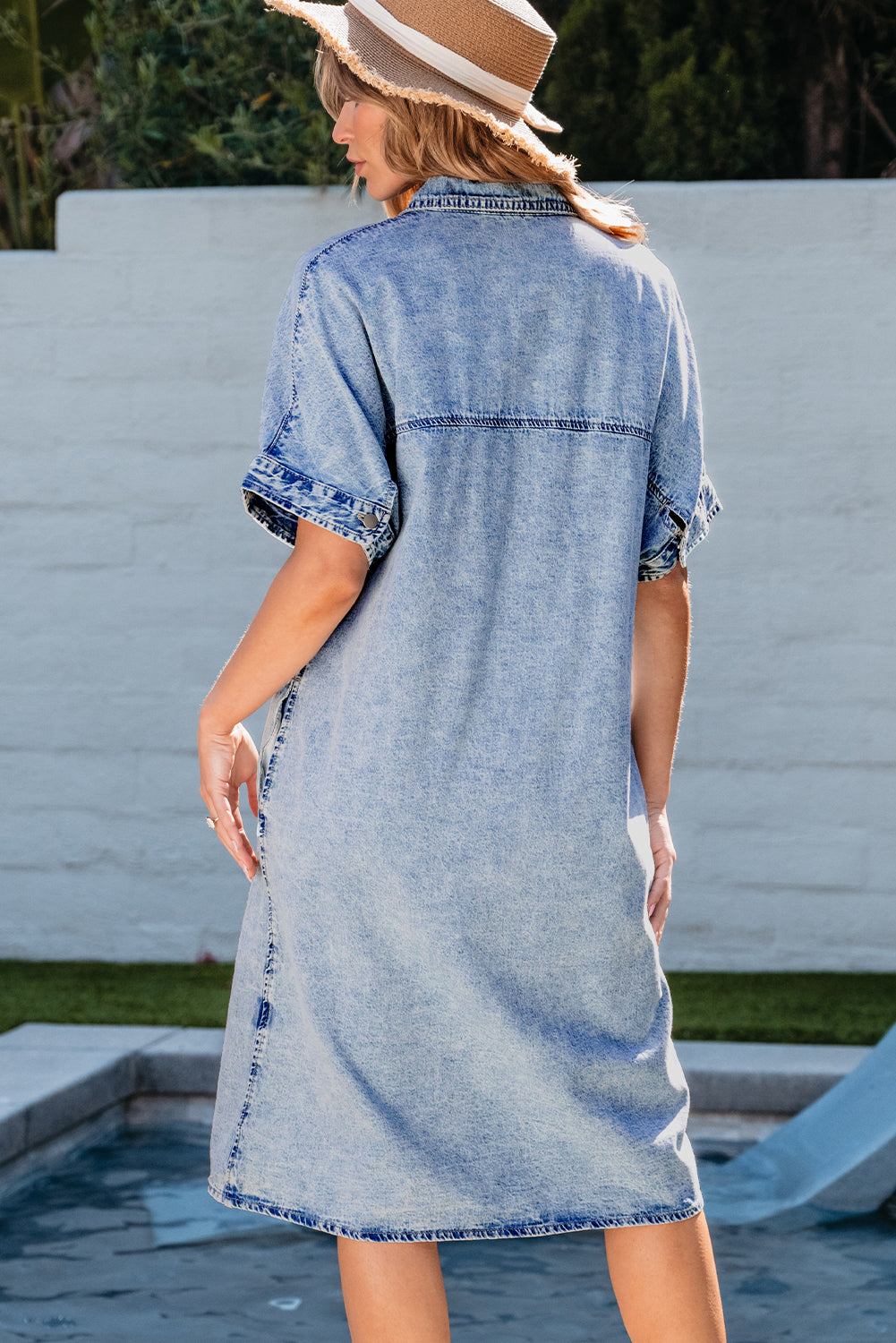 Light Blue Loose Medium Wash Short Sleeve Shirt Chambray Dress Blue Zone Planet