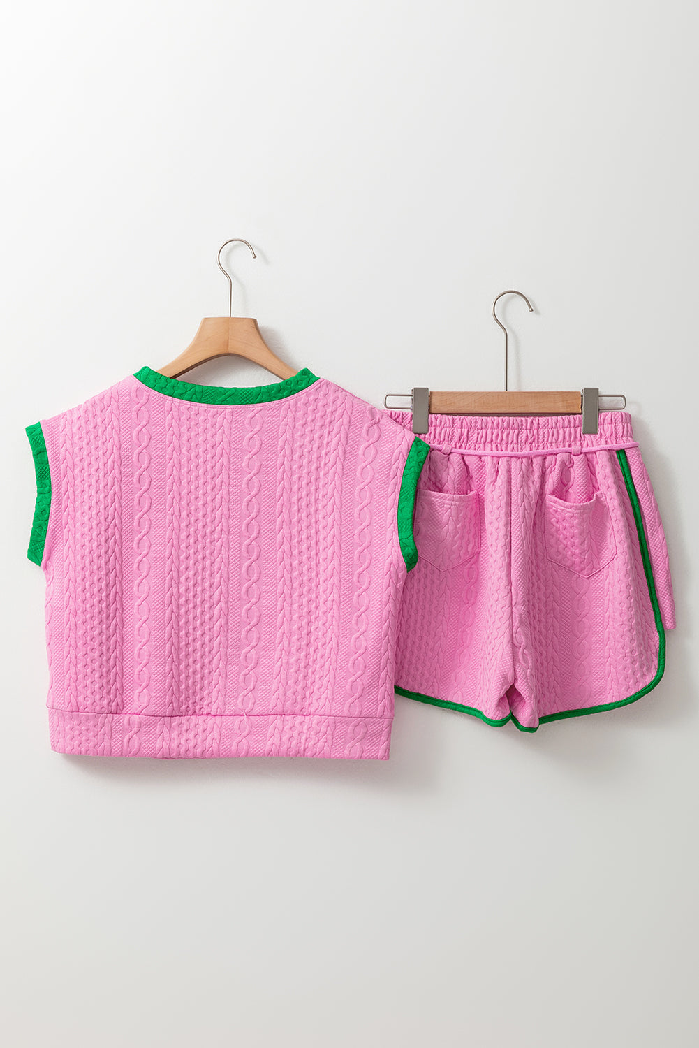Blue Zone Planet | Green Contrast Trim Cable Textured Shorts Set Blue Zone Planet