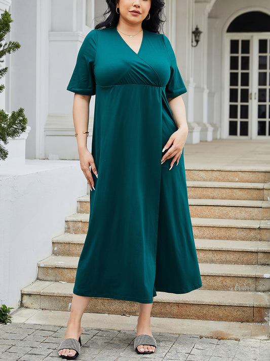 Blue Zone Planet |  Plus Size Slit Surplice Short Sleeve Midi Dress BLUE ZONE PLANET