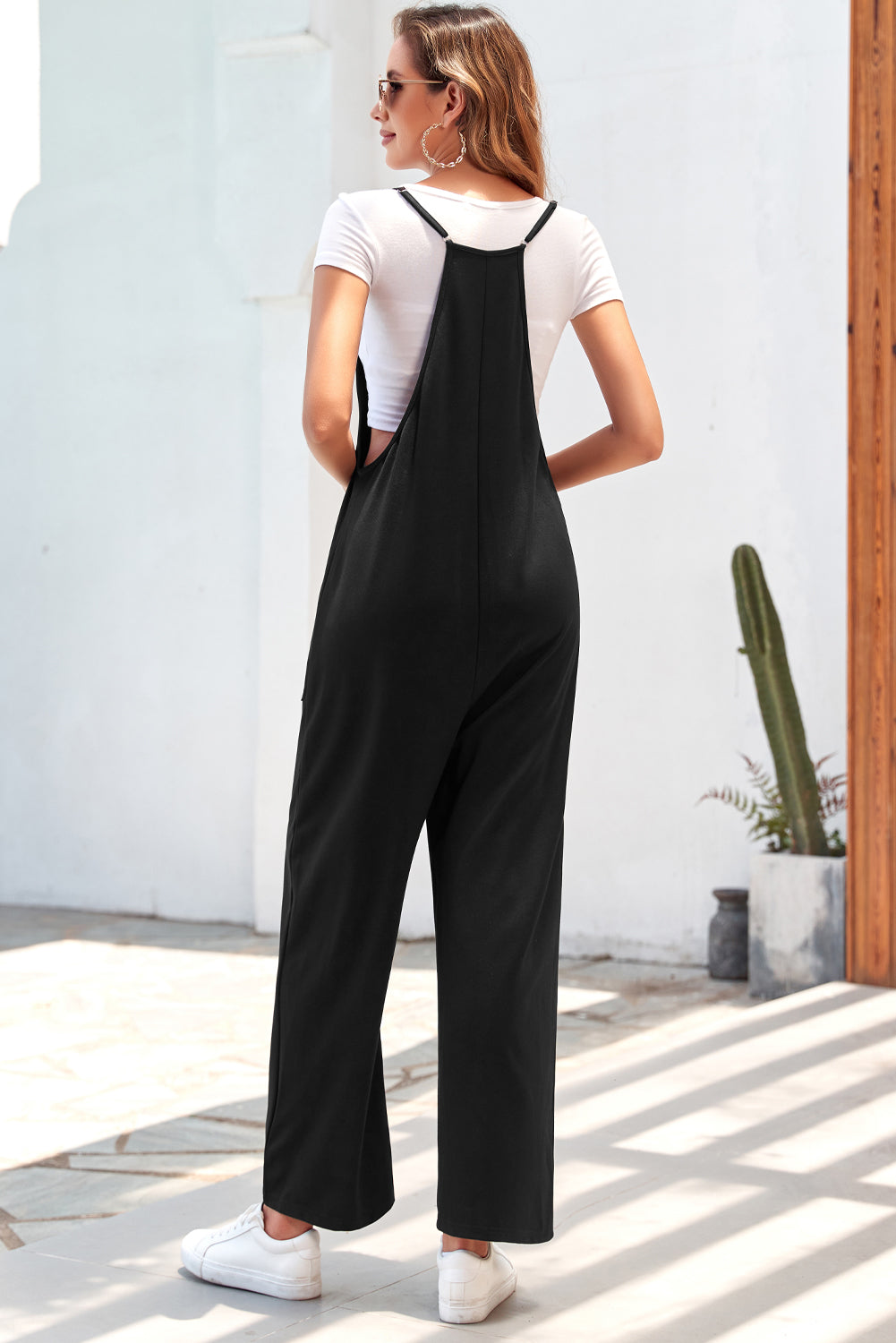 Rose Red Black Pocketed Adjustable Spaghetti Strap Straight Leg Jumpsuit Blue Zone Planet