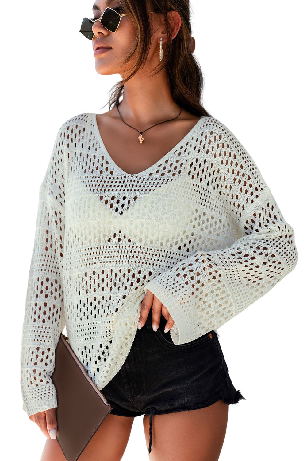 White Hollow Out Crochet V Neck Pullover Sweater Blue Zone Planet