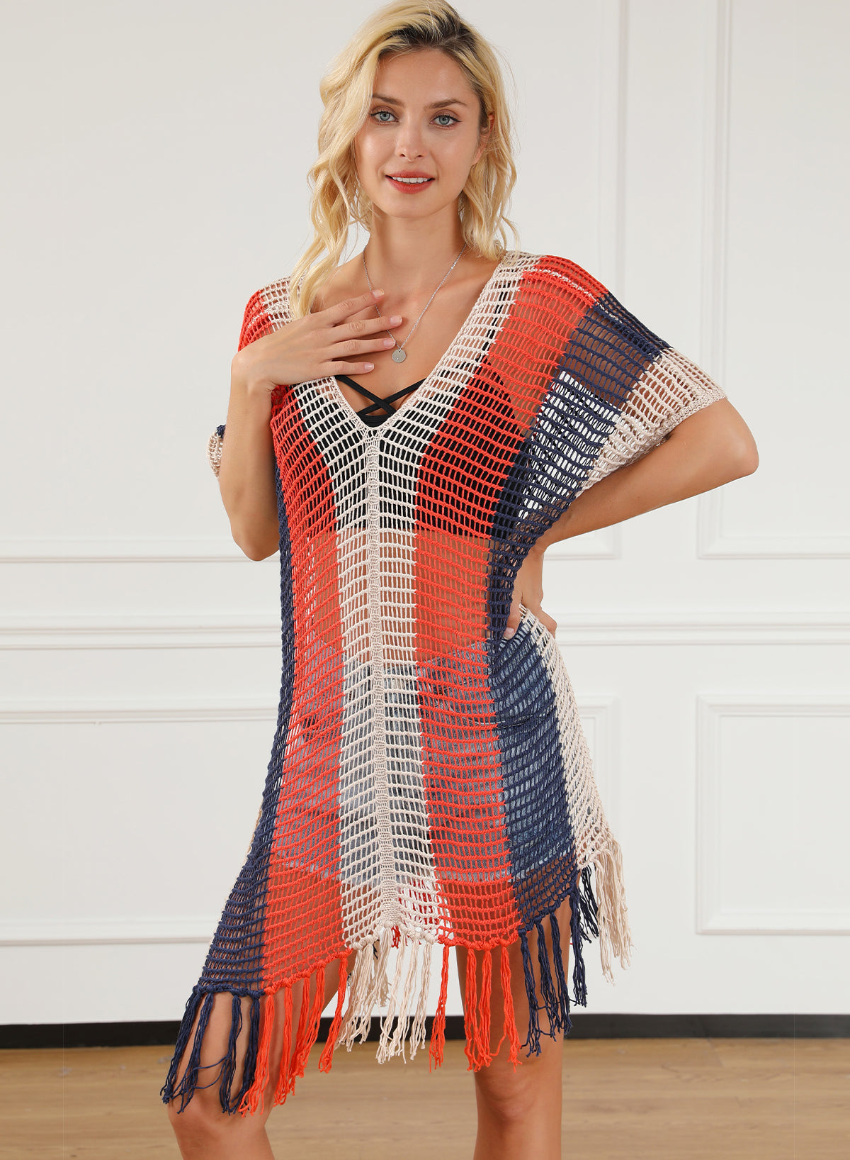 Blue Zone Planet | Multicolor Striped Tassel Crochet V Neck Beach Cover Up Blue Zone Planet