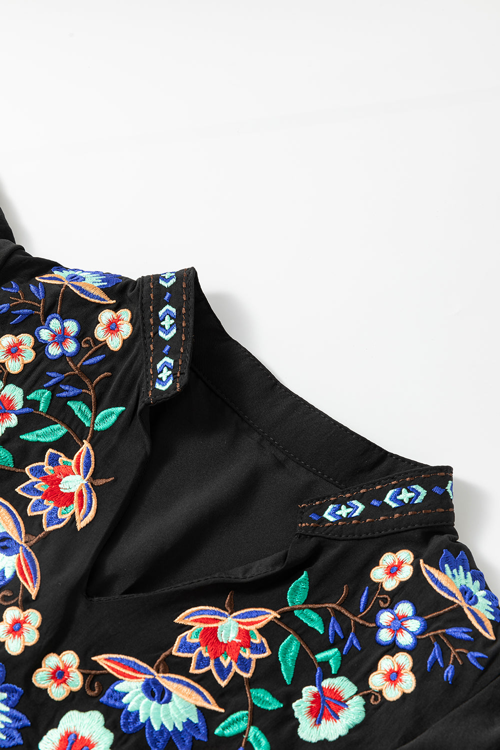 Blue Zone Planet | Black Floral Embroidered Tiered Ruffled Mini Dress Blue Zone Planet