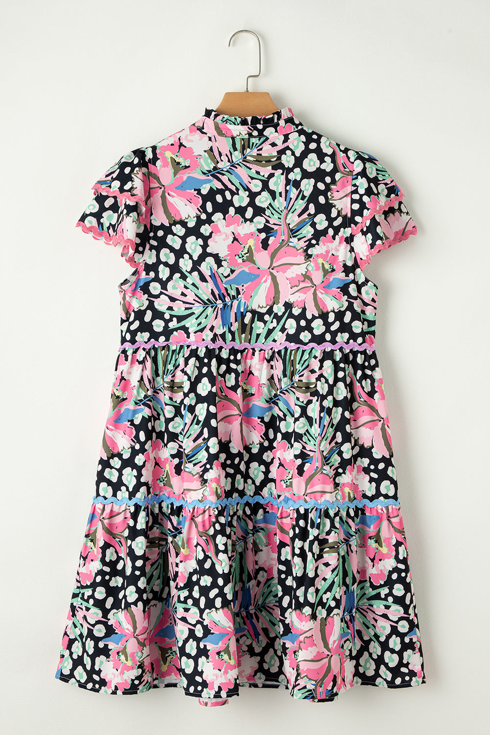Blue Zone Planet | Pink Floral Ricrac Embellished Tiered Mini Dress Blue Zone Planet