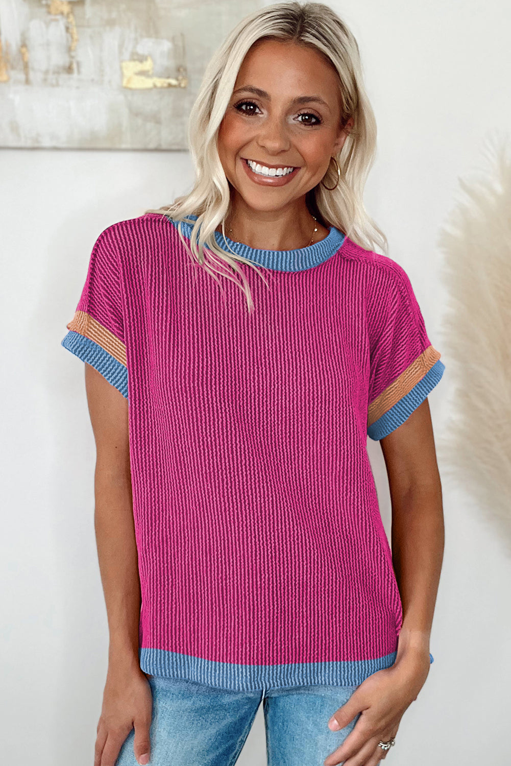 Blue Zone Planet | Coffee Textured Contrast Trim Round Neck T Shirt Blue Zone Planet